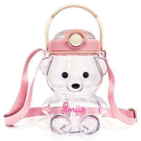 Bear Water Bottle with Straw Kawaii Cute Adjustable and Removable Shoulder Strap (1000mL, Pink)