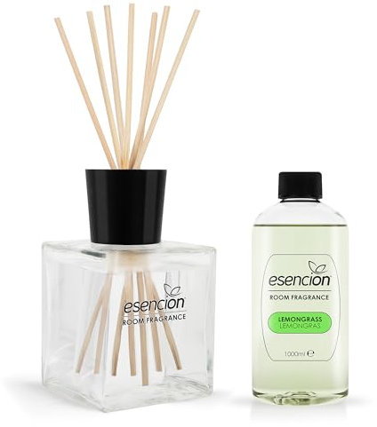Esencion Lemongras Raumduft Set – 1L Refill & 200ml Diffuser, Rattansticks Inklusive, Erfrischender Langzeitduft, Elegantes Glasdesign, Ideal für Zuhause & Büro