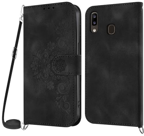 Netany Handykette Hülle für Samsung Galaxy A30/A20, Handyhülle für Samsung A30/A20 Hülle mit Kette Klappbar, PU Leder Necklace Klapphülle und Umhängeband Lanyard Flip Schutzhülle mit Band (Schwarz)