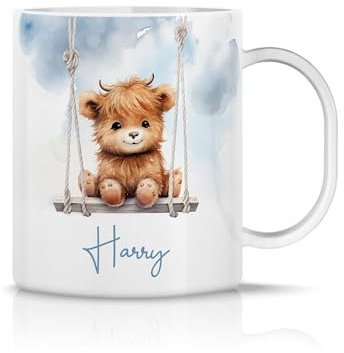 iCaseDesigner Personalised Childrens Polymer Mug - Cute Baby Highland Cow on a Swing - Blue Theme