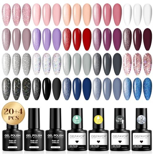 GELFAVOR UV Nagellack Set, 24 Stück Gel Nagellack Rosa Nude Weiß Lila Rot Farbgel Gelnägel, Soak-Off Mini Gel Nail Polish für Nagel Design Geschenk