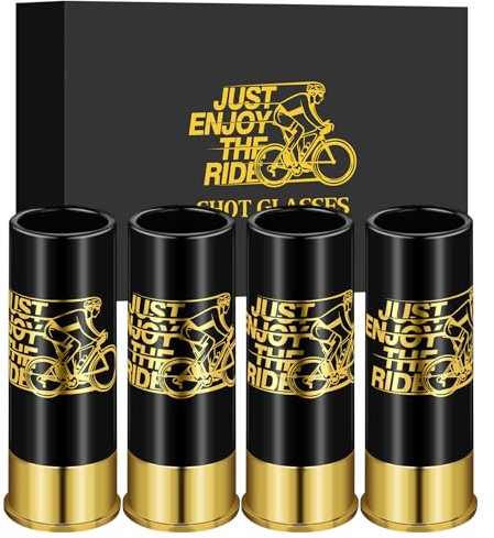 Cycling Plastic Shot Glasses - Set of 4 with Gift Box - Cycling Gifts for Men, Women, Triathlon, Wedding, Party, Birthday - 12GA Small Bullet Shot Cups for Whiskey, Tequila, Vodka, Liquor - Black