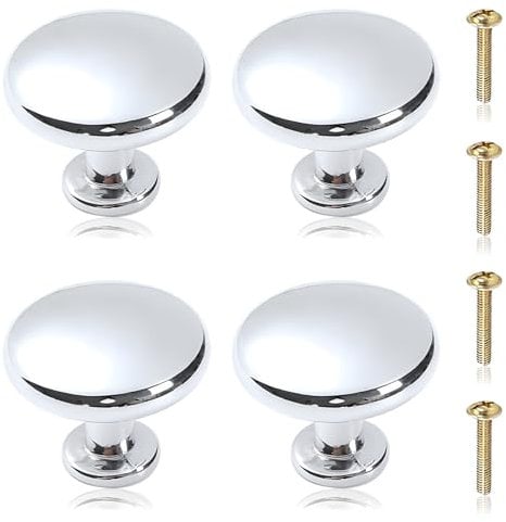 4Pack Silver Kitchen Door Knobs With Screws - Aluminum Alloy Small Drawer Handles for Cabinet, Wardrobe, Bedroom, Bathroom, Racks, Furniture - Round 25x28mm