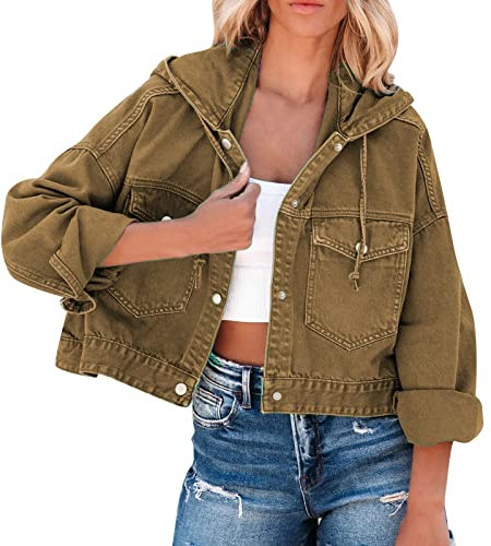 Veste basique en coton denim pour femme avec poches - Veste en jean - Taille S - Blazer long - Couleur unie - Veste décontractée - Coupe-vent - Élégant blazer d'affaires, Zjsjm-D-kaki, M