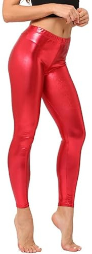 Prime fashions Glänzende Metallic-Hose für Mädchen und Damen, Leggings für Sport, Party-Look, rot, S-M