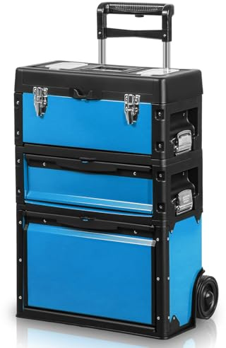 Auto Dynasty 3-Tier Stackable Tool Box, 19.5 Inch 3-in-1 Rolling Tool Box with Wheels, Portable Steel and Plastic Rolling Upright Trolley Toolbox Organizer for Garage Workshop, 3-Piece Set, Blue