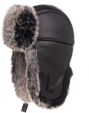 Futrzane Trapperhut aus Leder - Fliegermütze Damen - Russische Mütze Uschanka (L, Schwarz - Grau Siberian)