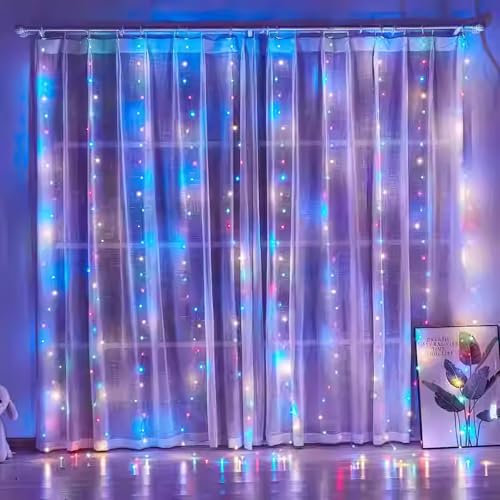 Joparri Lichtervorhang 300leds 3x3m Lichterketten Vorhang 1x innen fenster 8 Modi mit Timer, Wasserdichte LED Weihnachtslicht Fenster Innen Außen Deko, Zimmer, Hochzeit, Farbe
