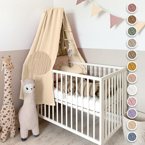 lilimaus Betthimmel Babybett mit Gold Applikation in 12 Farben [inkl. Himmelstange] - Himmel Babybett aus 100% Baumwolle Musselin für Mädchen & Jungen - Himmelbett mit Stange - Kinder Babyzimmer Deko