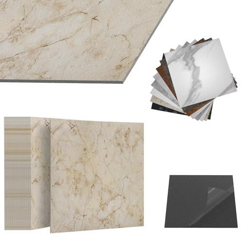 ACXIN Pavimento in PVC autoadesivo con effetto piastrelle, piastrelle adesive per pavimenti, impermeabili, per cucina, bagno, soggiorno (effetto marmo beige, 2,5 m², confezione: 27 piastrelle)