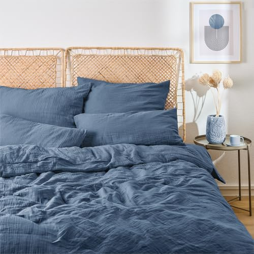 Blumtal Musselin Bettwäsche-Set 155x220 + 80x80 cm, Dunkelblau | OEKO-TEX zertifiziert, aus 100% Baumwolle, extra weich und bei 40 °C waschbar – leichte Sommerbettwäsche.