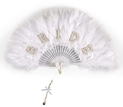 SANTUO Bride Fan Pearl Feather Folding Wedding Fan Bride to Be Gift for Wedding Decoration Wedding Accessory with Pearl for Women Girls Guest Party