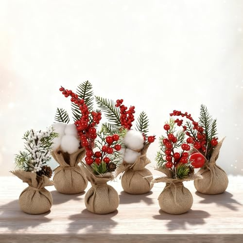 6er-Set Mini Weihnachtsbäume, 20 cm Kleine Künstliche Tannen mit Beeren & Tannenzapfen, Tischdeko für Weihnachten, Büro, Zuhause & Festliche Dekoration
