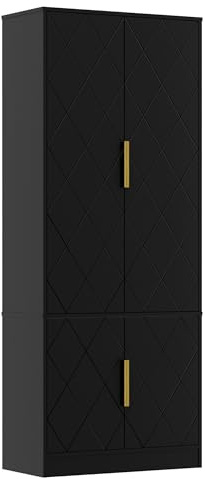 UEV Modern 150cm Tall Kitchen Cupboard, 4-Door Buffet Cabinet with Adjustable Shelves, Black Storage Unit for Kitchen, Dining & Living Room