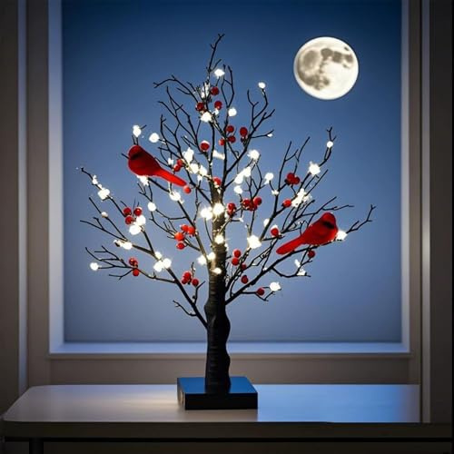 Vintage Glowing Tree with Cardinals, 2025 New LED Vintage Mini Birch Tree with Berries and Red Cardinal, 21in Red Bird Trees Lights for Home Table Centerpiece Mantel Decor