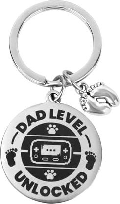Mikovivi Schlüsselanhänger mit Freigeschaltetem Papa-Level, Geschenk für Ersten Vater Schlüsselanhänger für Werdende Väter Ehefrau Schwangerschaftsankündigung Gamecontroller und Baby-Fußabdruck-Design
