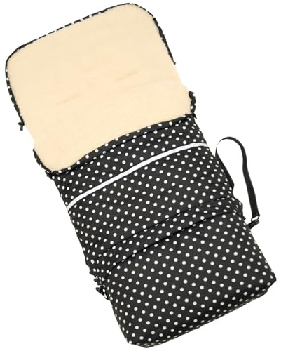 Baby-Joy Fußsack FINN 110 cm aus Lammwolle und Polyester für Kinderwagen und Buggy, 4in1 Thermofußsack, Kaputze, Krabbeldecke, Tasche | Farbe: 55 Schwarz-Weiss Punkte