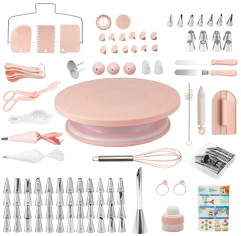 GREENSAPPIRE Cake Decorating Kit 137pcs Cake Decorating Supplies with Revolving Turntable, Piping Tips, Pastry Bags, Spatulas & Fondant Tools, Cake Baking Set for Beginners & Professionals (Pink)