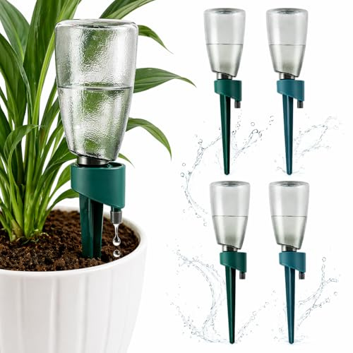 Riego Automático para Macetas, 4 Botellas de 500 ml con Goteo Ajustable | Depósitos transparentes y reutilizables con nivel de agua visible; para plantas de interior, balcón, oficina y vacaciones.