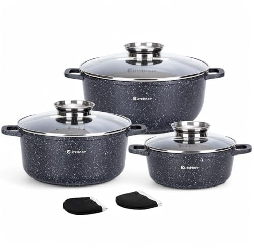 EliteHoff Kochtopf Set Induktion, Topf aus Aluminiumguss mit Antihaftbeschichtung, Topfset mit Glasdeckel für alle Herdarten inkl. Induktion, Gas, Elektro, Halogen, Keramik (Schwarz, 6-teilig)