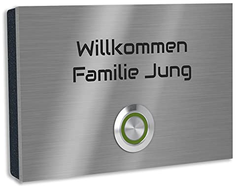 Jung Edelstahl Design Türklingel mit Gravur London 2 Klingelplatte in verschiedenen Größen. Varianten als Aufputz oder Unterputz Klingelschild. Klingel mit Led Taster grün und Schraubkontakten.