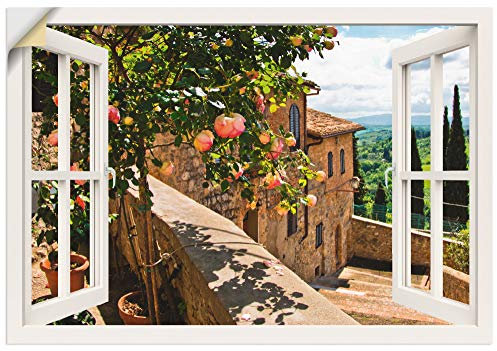 ARTland Wanddeko Wandtattoo selbstklebende Vinylfolie 100x70 cm Fensterblick Fenster Toskana Landschaft Garten Rosen Balkon Natur T5QC
