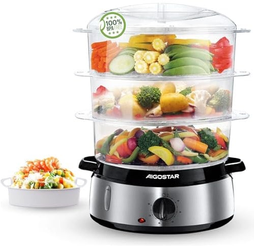 Aigostar Fitfoodie Steel - Vaporera eléctrica 9 L Vaporiera Inox, 3 recipientes Independientes, Temporizador 60 Minutos, Cuenco para Preparar arroz, Livello Di Acqua Visibile, Libre de BPA, 800W