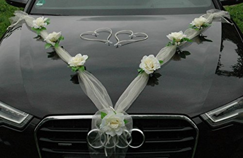 Organza M + Herzen Braut Paar Rose Deko Dekoration Autoschmuck Hochzeit Car Auto Wedding Deko Ratan Girlande ®Auto-schmuck PKW (Ecru/Ecru/Weiß)