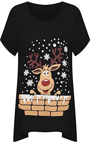 WearAll Women's Plus Short Sleeve Reindeer Snowflake Hanky Hem Long Top Ladies T-Shirt - Black - 20