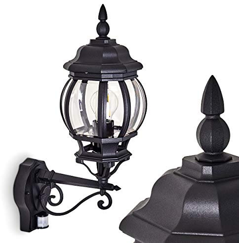 Außenwandleuchte Lentua m. Bewegungsmelder, Wandlampe aufwärts in antikem Look, Aluguß in Schwarz m. Kunststoff-Scheiben, Wandleuchte für Terrasse/Hof m. E27-Fassung, Retro/Vintage, ohne Leuchtmittel