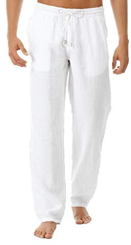Meilily Herren Leinenhose Straight Leinen Hosen Sommer Yoga Chino Hose Lange Fitnesshose Jogginghose Männer Trainingshose Sporthose Sweatpants Arbeitshose Trekking Gym Jogger Laufen Sports Pants Weiß