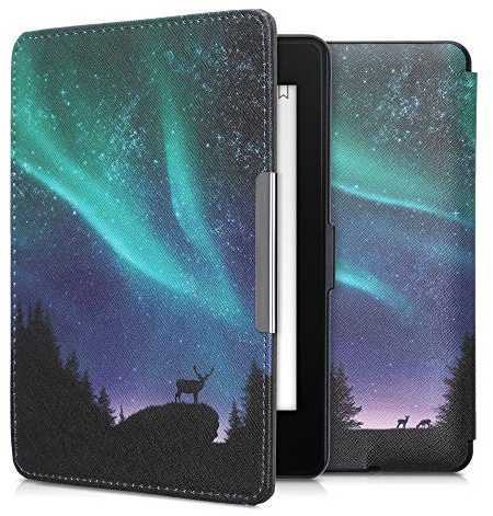 kwmobile Carcasa Compatible con Amazon Kindle Paperwhite Funda - Funda con Tapa y Cierre magnético de Cuero sintético - Ciervo con la Aurora Boreal