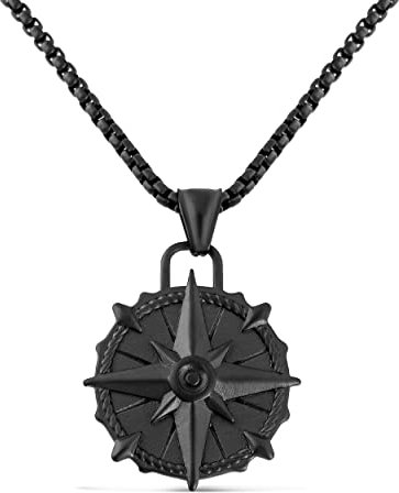 Akitsune Guidance Anhänger inkl. 70cm Kette | Halskette Frauen Herren Edelstahl Kompass Karte Nord Muster Ornament - Mattschwarz