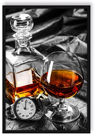 Pixxprint Man Things mit Whiskey und Uhr, Poster im Bilderrahmen, Format: 80x60cm, Kunstdruck gerahmt