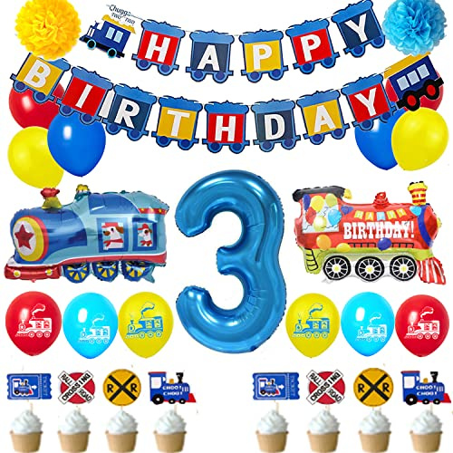 3rd Train Birthday Decorations Boys,3 Years Old Birthday Party Supplies Blue Number 3 Foil Balloons Locomotive Banner,Train Patterned Balloon,Cake Topper