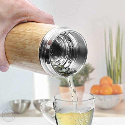 Thermoflasche Bambus Edelstahl Teekammer Sieb Doppelwandig BPA frei - 500ml, Holzoptik