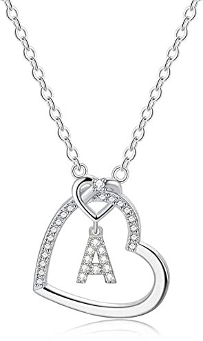 LIHELEI Kette Damen 925 Sterling Silber Love Herz, A-Z Buchstabe Personalisiere Anhänger Halskette, Geburtstags und Weihnachten Geschenk Für Frauen Mädchen Mama Freundin - A