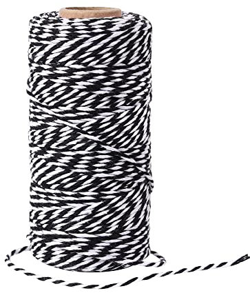 AUERVO Ficelle de Noël de 100 m, noir et blanc, ficelle d'emballage en coton pour emballage de Noël, emballage cadeau, décorations de bricolage, travaux manuels et arts faits à la main