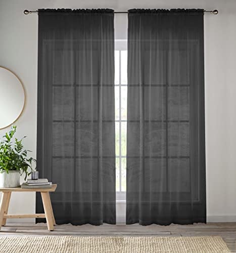 Enhanced Living Black Voile Curtains for Living Room Panel Pair - 57 Wide x 54 Drop - Plain Woven Slot Top Sheer Curtains (57x54) 145x137cm