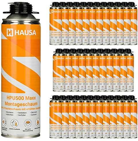 HAUSA Montageschaum HPU500 Maxx 36x 500ml grau B2 Pistolenschaum zum Verfüllen, Dämmen & Abdichten, extrem hohe Ausbeute, ausgezeichnete Dämm- & Isoliereigenschaften, Bauschaum für Schaumpistolen