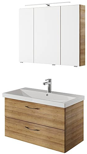 Lomadox Waschplatz Kombination mit Keramik Waschbecken in Riviera Eiche Nb., B/H/T ca. 90/200/45 cm