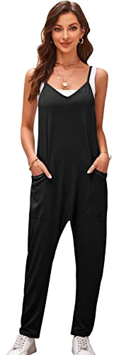 SotRong Black Jumpsuits for Women Uk Casual Oversized Jumpsuits Sleeveless Baggy Playsuit Spaghetti Strap Loose Overalls with Pocket One Piece Summer Boho Rompers XL