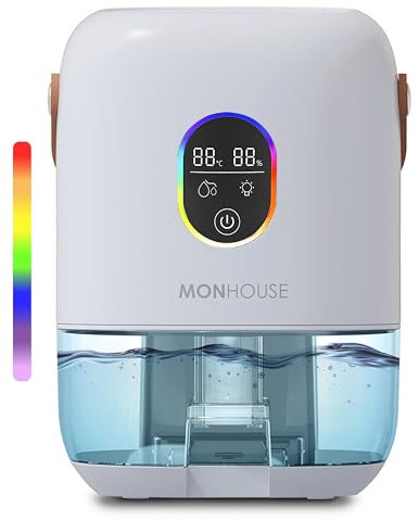 MONHOUSE Premium Dehumidifer - 1000ml - Ultra Quiet Electric Moisture Absorber - 7 Colorful Nightlight, 2 Working Modes, Touch Screen, Auto Shut Off, Humidity & Temperature Indicator - White
