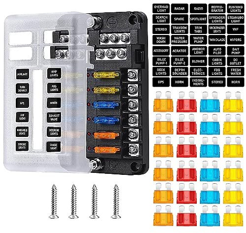 Gebildet 12 Circuit Fuse Box Kit With Damp-Proof Panel, Led Warning Indicator For Marine, Automotive, Motorcycle, RV, Truck, DC 12-24V (24Pcs Fuses and Sticker Included)