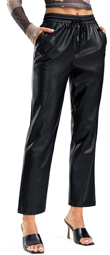 SANTINY Women's Faux Leather Pants High Waisted Straight Leg Cropped Ankle Trousers Vegan Matte Pleather Pants for Women Full Length(Black_XXL)