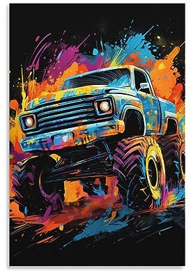 AYAROS Coole Monster Truck Malerei Poster Klassische Cartoon Bunte Rennwagen Leinwand Wandkunst Drucke Malerei für Haus Zimmer