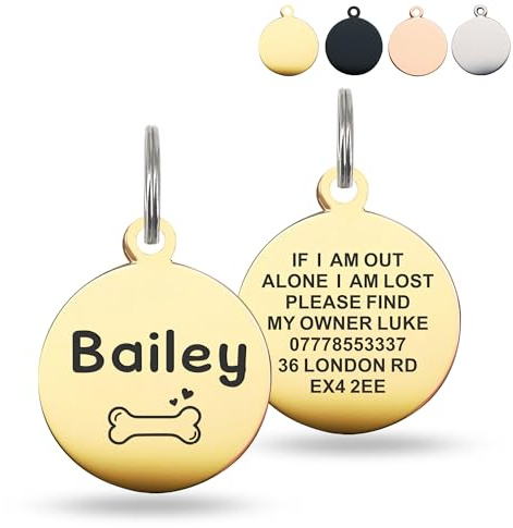 Deep Engraved Dog Tags for Pets UK Prime, Personalised Cat Dog Name ID Tags, Stainless Steel Pet Tag for Doggy Kitten Kitty Puppy, Scratch Resistant Tag (Gold Round, L)