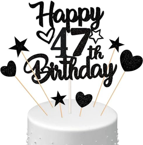 Conruich Tortendeko 47. Geburtstag Mann, Kuchendeko Happy 47th Birthday Schwarz, Glitzer Kuchen Topper 47. Geburtstag Ballons Konfetti Papierfächer für Geburtstagstorte Deko 47 Jahre Frauen Männer