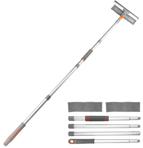 Newpop Kit Nettoyage Vitre Professionnel, Lave Vitre Telescopique pour Fenêtre, Raclette Vitre avec Manche en Aluminium Jusqu'à 134cm, Outil de Raclette à Vitre avec 2 Chiffons Microfibres