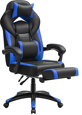 SONGMICS Gaming Chair, Office Racing Chair with Footrest, Desk Chair, Ergonomic Design, Adjustable Headrest, Lumbar Support, 150 kg Load Capacity, Black and Blue OBG077Q11